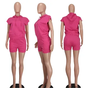 Detailed multi-angle views of women's sleeveless rose pink hoodie and shorts lounge set