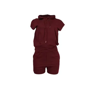 Casual wine red two-piece tracksuit set with hooded short-sleeve top and shorts