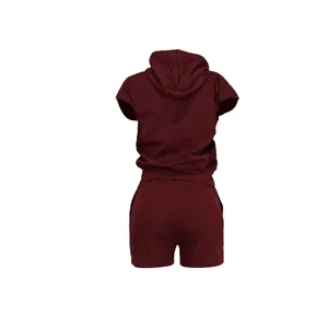Back view of burgundy hooded short sleeve top and shorts casual lounge set for women