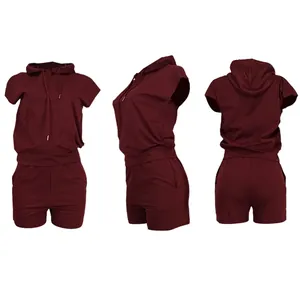 Detailed multi-angle views of a maroon two-piece sleeveless hoodie and casual shorts set