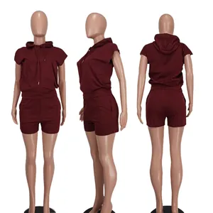 Detail view of burgundy sleeveless hoodie and shorts set from three angles