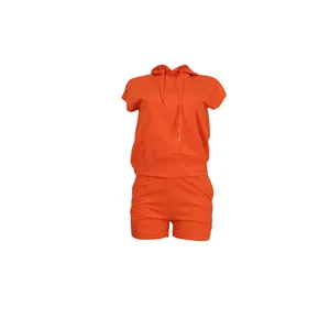 Detailed close-up view of vibrant orange two-piece hooded short set for women's casual wear