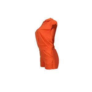 Side view of vibrant orange women's 2-piece set with sleeveless hoodie and shorts.