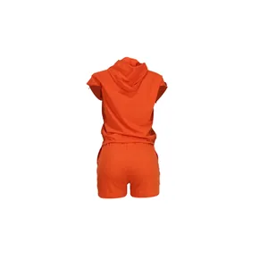 Back view of a vibrant orange two-piece leisure set with sleeveless hoodie and shorts.
