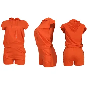 Women's sleeveless orange casual hoodie and shorts two-piece set shown from three angles
