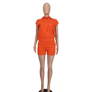 Vibrant orange two-piece casual women's set featuring a sleeveless hoodie and shorts