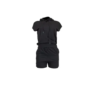 Full length view of black women's sleeveless hooded top and matching shorts casual set