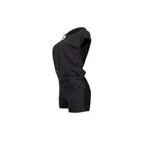 Side profile of a stylish black sleeveless hoodie and matching shorts set for women