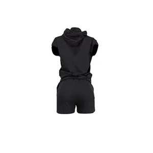Back view of women's black sleeveless hooded leisure set made of polyester fabric.