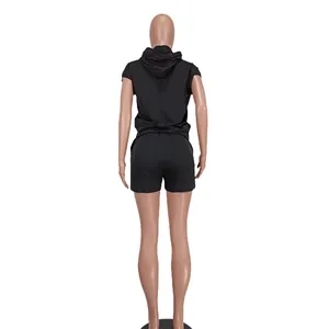 Back view detail of a black women's sleeveless hooded top and shorts casual set