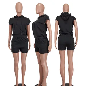 Women's trendy black sleeveless hoodie and shorts two-piece casual streetwear set