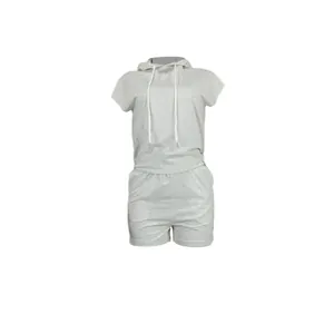 Macro view of light grey women's sleeveless hooded sweatshirt and shorts leisure set