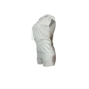 Side view of women's sleeveless hooded top and shorts set in heather grey fabric