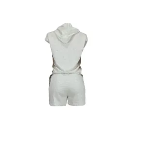 Back view of a casual grey sleeveless hoodie and matching shorts set for women