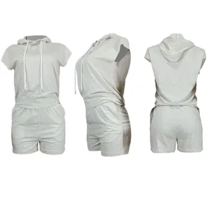 Detailed front, side and back views of a women's casual grey hooded short set in polyester.