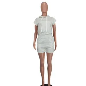 Full view of a grey sleeveless hooded two-piece short set on a mannequin.