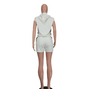 Back view of women's grey sleeveless hooded top and matching shorts casual set