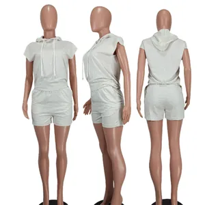 Multi-angle views of a grey sleeveless hooded loungewear set for women