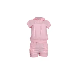 Detailed view of a women's pink sleeveless hooded top and shorts two-piece casual outfit