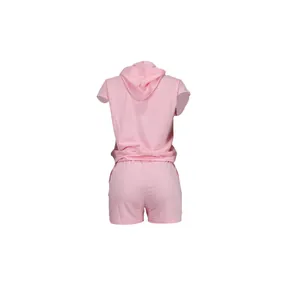 Detailed rear view of a women's pink sleeveless hoodie and shorts two-piece set