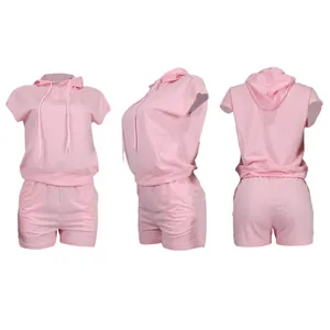 Pink two-piece women's lounge set with sleeveless hoodie and shorts in three views.