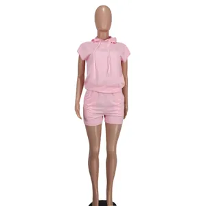 Pink sleeveless hooded loungewear set shown on a mannequin for casual street fashion