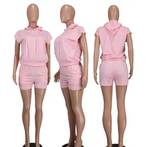 Detailed views of a pink sleeveless hooded two-piece lounge set for women