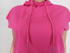 Close-up of pink sleeveless hoodie showing high-quality polyester fabric and metal tips