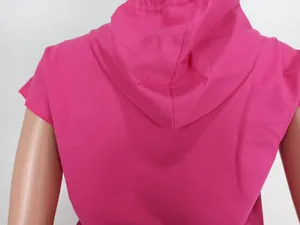 Close-up back view of a pink sleeveless hoodie showing hood detail and fabric texture.