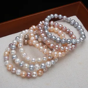 Detailed close-up view of natural multi-color 8-9mm freshwater pearl elastic bracelets