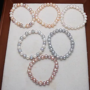 Collection of natural freshwater pearl elastic bracelets in various elegant colors 8-9mm