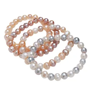 Elegant 8-9mm natural freshwater pearl elastic bracelets in multicolor shades for women.