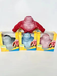 Detailed view of four colorful squishy gorilla toys with their original retail packaging
