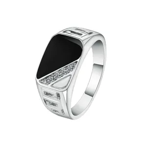 Classic square men's signet ring with black enamel and sparkling stone accents