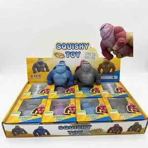 Set of 8 colorful gorilla squishy toys in a retail display box for stress relief