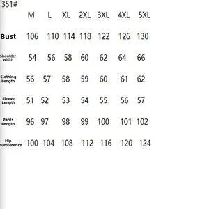 Detailed size chart table for women's plus size casual sportswear two-piece set