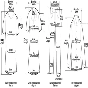 Comprehensive clothing measurement guide for women's tops, dresses, and pants set.