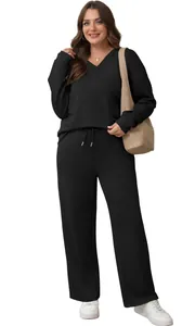 Women's black two-piece casual set with V-neck top and drawstring wide-leg pants