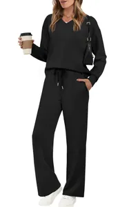 Casual black long-sleeve sweatshirt and wide-leg drawstring pants set for women