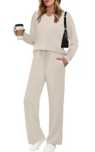 Women's casual 2-piece beige tracksuit set with V-neck top and drawstring pants
