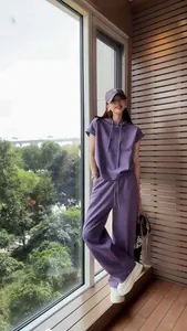 Stylish purple short sleeve hoodie and wide-leg pants lounge two-piece set for women