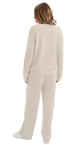 Women's minimalist beige long sleeve loungewear set with casual wide-leg trousers