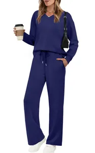 Detail view of women's navy blue two-piece lounge set with drawstring pants