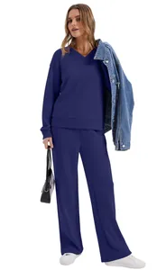Women's navy blue long-sleeve sweatshirt and wide-leg casual trouser set for loungewear.