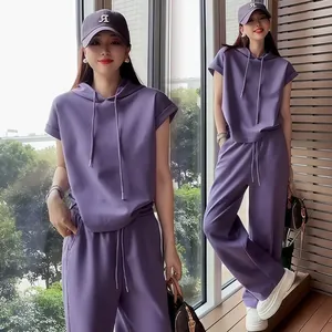 Women Casual Sporty Polyester Hoodie And Pants Top And Bottom Set Loose Solid Color Short Sleeve Wide Leg Pants Set