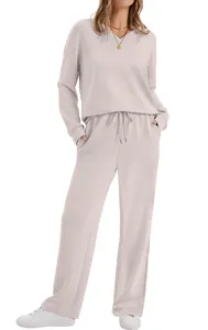 Women's casual two-piece lounge set with long-sleeve V-neck top and drawstring pants