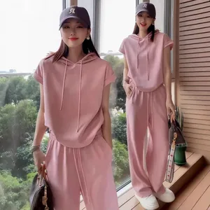 Pink short sleeve hooded lounge set two-piece outfit for women's summer casual wear