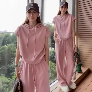Completo casual rosa a due pezzi con cappuccio e maniche corte da donna estivo