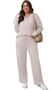 Two-piece casual set featuring a long-sleeve v-neck sweatshirt and drawstring pants