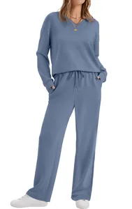 Elegant dusty blue long-sleeve loungewear set featuring drawstring casual pants for women